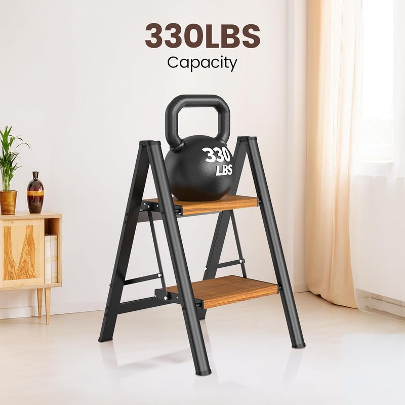 HBTower Step Ladder,Lightweight Aluminum Folding Step Stool with Anti-Slip Wide Pedal,330lbs Capacity Step Ladder for Household,Kitchen,Office - BlackWoodgrain - Image 2